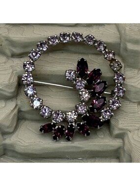 Amethyst Glass BDA Rhinestone Circle Brooch Purple & Clear 1.75" Statement Vtg